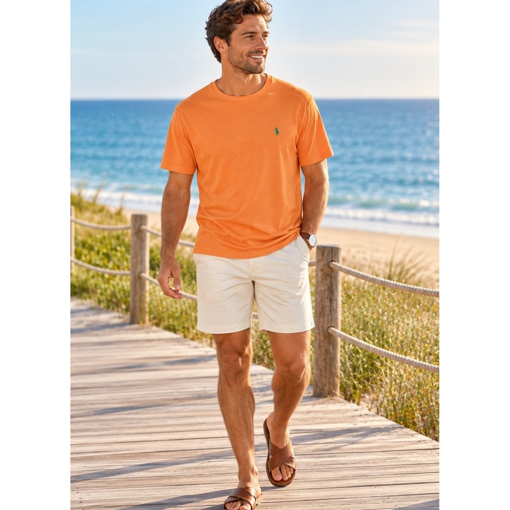 Polo Ralph Lauren T-Shirt Men's Large Orange Green Pony Logo Beach Casual